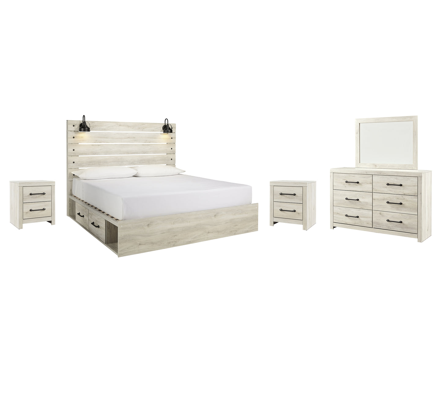 Cambeck  Panel Bed With 2 Storage Drawers With Mirrored Dresser And 2 Nightstands