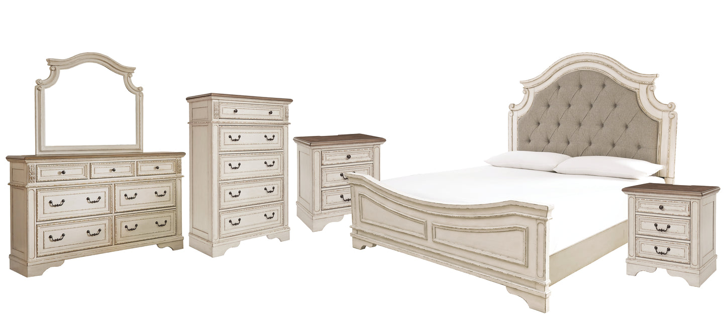 Realyn  Upholstered Panel Bed With Mirrored Dresser, Chest And 2 Nightstands