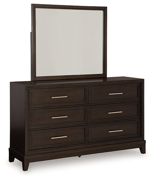 Neymorton Queen Upholstered Panel Bed with Mirrored Dresser, Chest and 2 Nightstands