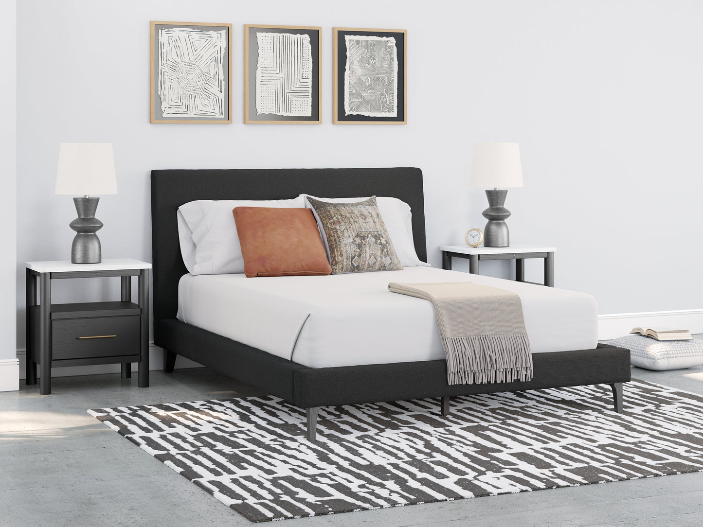 Cadmori Queen Upholstered Bed with Mirrored Dresser, Chest and 2 Nightstands