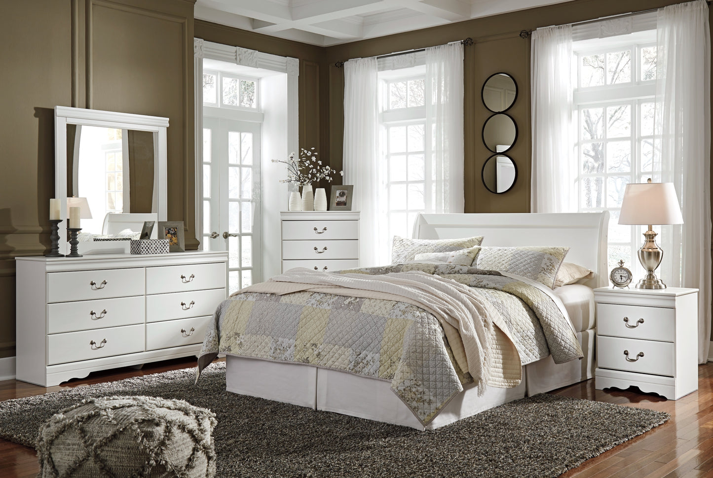 Anarasia Queen Sleigh Headboard with Mirrored Dresser, Chest and Nightstand